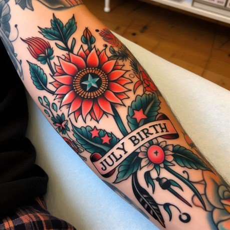 Traditional July Birth Flower Tattoo on the arm